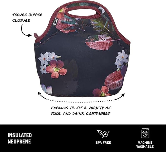BUILT Gourmet Getaway Soft Neoprene Lunch Tote, Lightweight, Insulated, and Reusable, One Size, Midnight Botanical