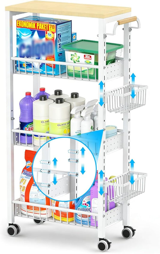 7.8 Inch Ultra-Slim 4-Tier Rolling Storage Cart with Adjustable Shelves - Lockable Wheels & Wooden Top for Narrow Spaces Between Washer/Dryer, Bathroom, Kitchen Organization (White)