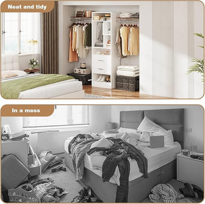COTUBLR Closet System, 48" W - 105” W Closet Organizer with 24” Tower and 2 Extendable Hanging Rods, Walk-in Wardrobe Garment Rack with 2 Wooden Drawers and 6 Shelves, Fit up to 600 LBS (White)