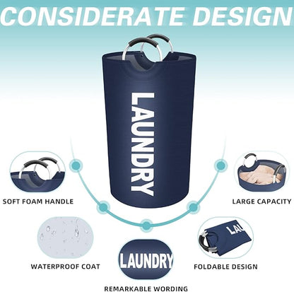 StorageRight 75L Large Laundry Basket, Laundry Hamper, Dirty Clothes Hamper for Laundry, Collapsible, Waterproof Laundry Baskets with Foam Protected Aluminum Handles for Laundry, Dorm, Family (Blue)