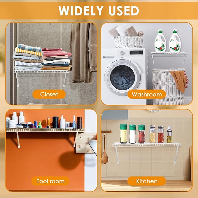 Wire Shelf Bracket Kit for 12" Deep Wire Shelving - Include 4 Support Brackets 4 End Bracket 8 Wall Clips, Easy Install Support for Home Wire Shelf Systems Closet Shelf Wire Storage Installation