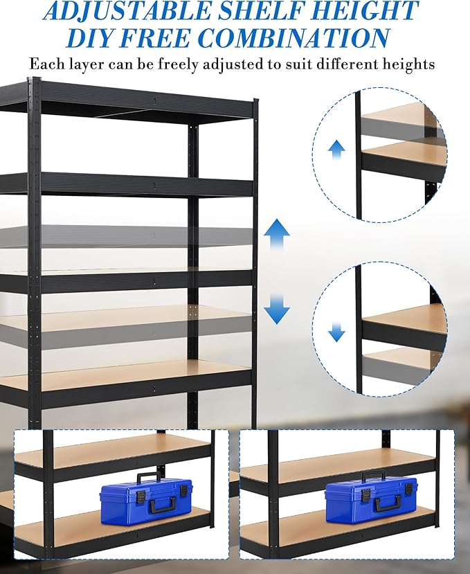 Garage Storage Shelves,48x18x72 Heavy Duty Garage Shelving Metal Adjustable Garage Shelves,5-Tier Adjustable Shelving Units,Loads 2000 LBS,Metal Storage Utility Racks for Warehouse,Pantry, Basement