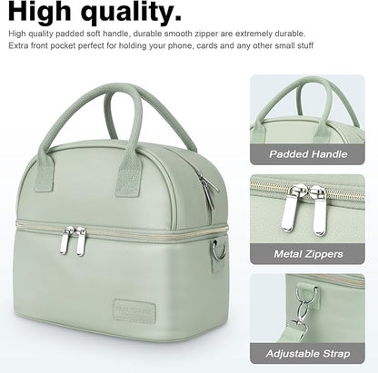 BALORAY Lunch Bag for Women Men, Double Deck Lunch Box for Adults, PU Leather Lunch Tote Bag Insulated Lunch Bags with Strap for Work Office Picnic(Green with strap)
