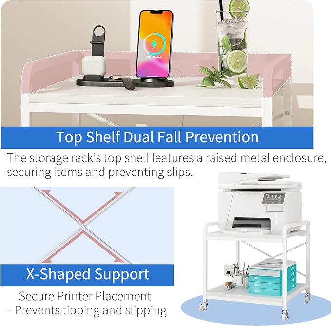 Under Desk Printer Stand with Power Outlet Large Printer Table with Adjustable Shelf,Industrial Wheels, 20 Inches Deep 2 Tier Rolling Printer Cart for Home Office, White
