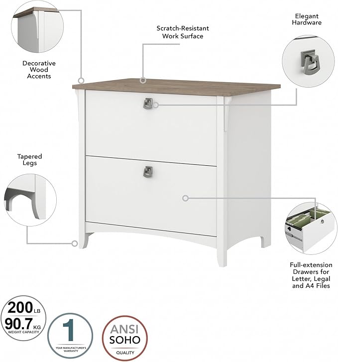 Bush Home Salinas 2 Drawer Lateral File Cabinet in Shiplap Gray and Pure White, Home Office Storage Solution, Organizer with Drawers for Workspace, Filing Unit