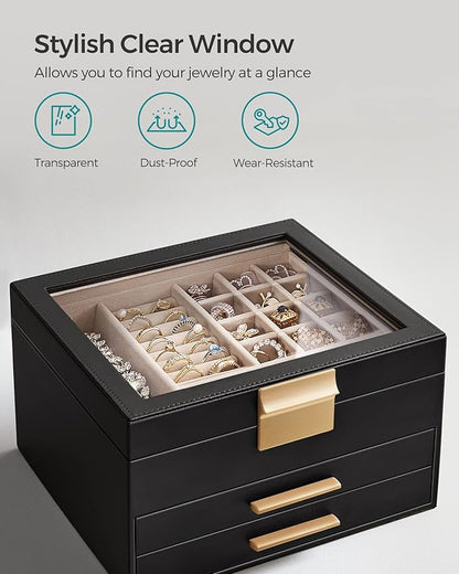 SONGMICS GISELLA Collection - Jewelry Box Organizer, 3-Layer Jewelry Storage with 2 Drawers, Shiny Metal Hardware, Glass Lid, Modern, 8 x 9.1 x 5.3 Inches, Ink Black and Gold Color UJBC239B03