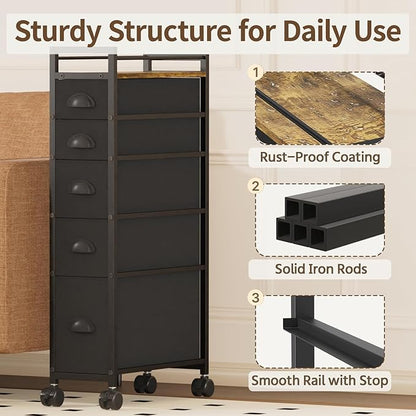 LASZOLA 5 Drawer Narrow Dresser Slim Cabinet Skinny Storage Tower Chest, Ideal for Small Spaces Bathroom Bedroom, Between Washer and Dryer, Lightweight Mobile on Wheels, Sturdy Fabric Drawers, Black
