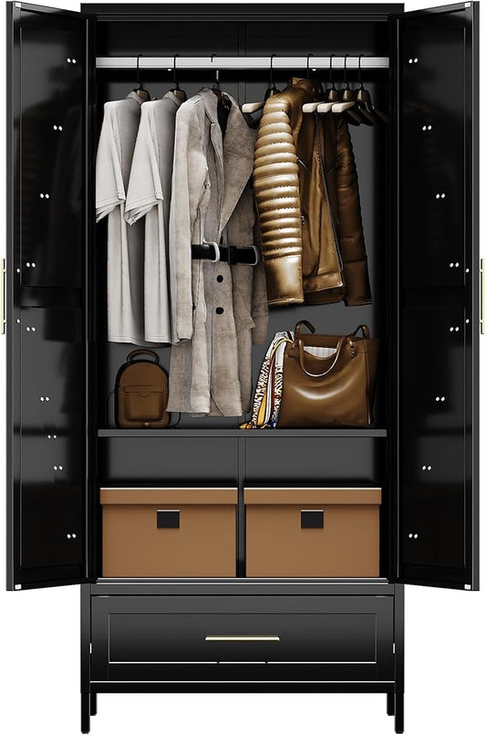 Aobabo Metal Wardrobe Cabinet with 1 Drawer, 71" H Metal Wardrobe Closet with 1 Adjustable Shelf and Hanging Rod for Home, Laundry Room, Bedroom, Black,Installation Required,