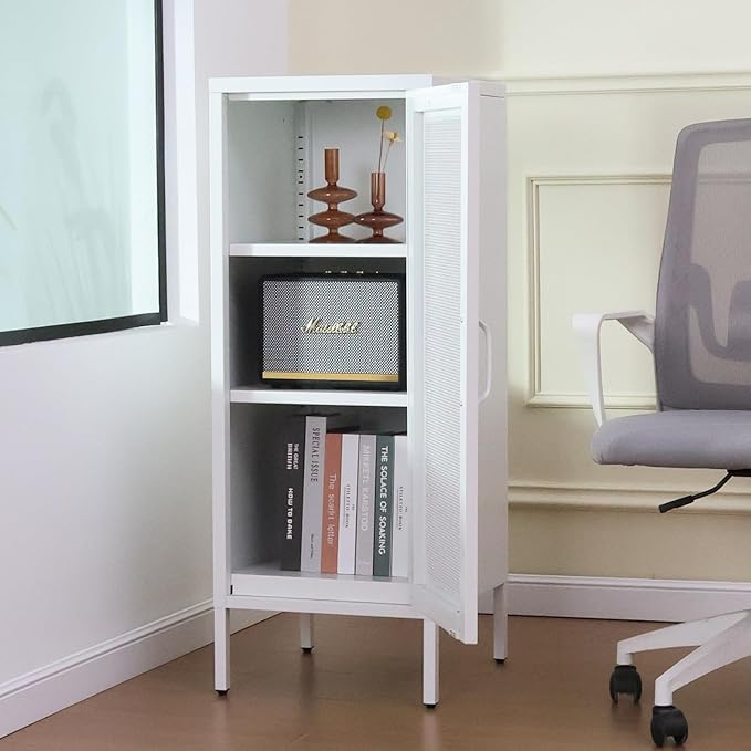 Slim Metal Storage Cabinet with Mesh Doors - 42'' Tall Narrow Organizer Tower, Compact Freestanding Cabinet, Versatile Utility Storage for Home, Office, Bedroom, or Kitchen, Durable and Modern Design