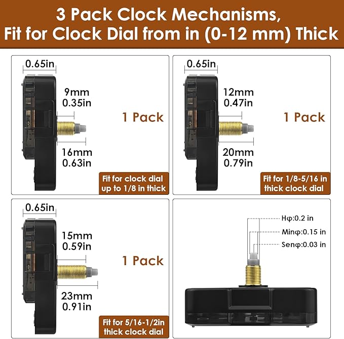 3PCS Clock Mechanism Kit, Quartz Clock Movement Replacement with 8 Pairs of Short Clock Hands, Battery Clock Replacement Mechanism Include Clock Hands DIY Repair Parts (Total Shaft Length 16/20/23mm)