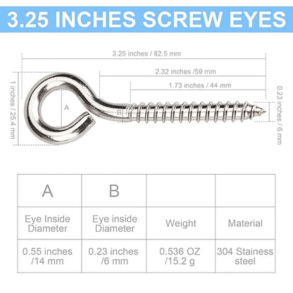 Aovchei Eye Screws, 8Pcs 3.25 inches 304 Heavy Duty Stainless Steel Screw Hooks, Rust-Resistant Self Tapping Eyelet Bolts for Wood, Securing Cables Wires, Indoor & Outdoor for Hanging Artwork