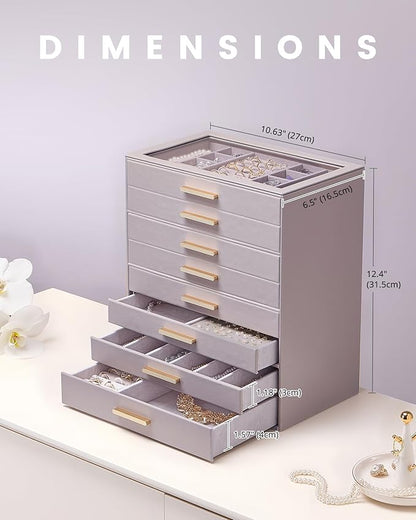 Lolalet Jewelry Box Organizer, 8-Layer Jewelry Organizers and Storage Case with Glass Lid, Ring Earring Bracelet Necklace Holder Organizer, Birthday Valentine Gifts for Women Girls -8Layer, HazePurple