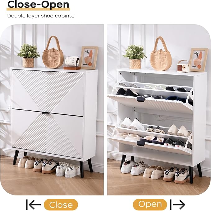 Shoe Cabinet Storage, Farmhouse Freestanding Organizer with 2 Flip Drawers and 4 Wooden feet, Narrow Shoe Rack Cabinet for Entryway, Foyer, Hallway, White