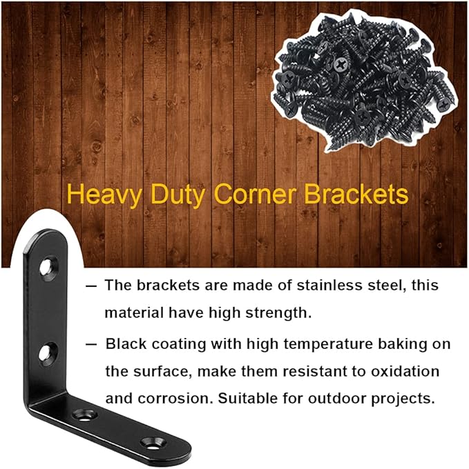 12Pcs Black Corner Brace L Brackets Stainless Steel 2.5 Inch Heavy Duty Shelf Bracket for Wood, Shelves, Wall Hanging Support 90 Degree Joint Right Angle Brackets with Screws