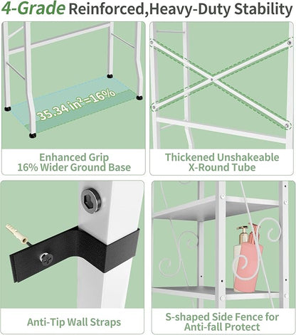 Over-The-Toilet Storage Rack 4-Tier,Bathroom Organizer Shelf Over Toilet,Adjustable Wooden Shelves and Basket,Freestanding Above Toilet Shelve,Space Saver for Rooms(White Rack-White Shelves)