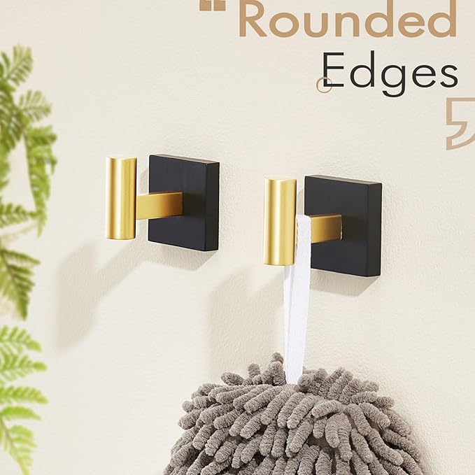 KOKOSIRI Robe Hooks for Bathrooms Towel Hook Wall Mounted Coat Hooks, Bathroom Hardware 2 Pack Black with Gold Stainless Steel B1013GDK-P2