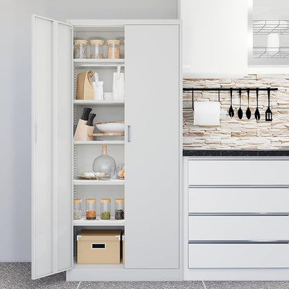 CMY Metal Storage Cabinet with Locking Doors and 5 Adjustable Shelves, 71” Tall Steel Storage Cabinets for Garage, Home Office, Pantry (White)