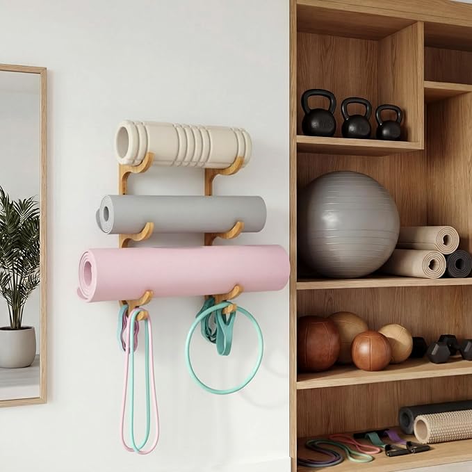 Geelin 3 Tier Yoga Mat Holder Wooden Wall Mount, Yoga Mat Gym Equipment Storage with 4 Hook for Hanging Foam Rollers and Resistance Bands, Storage Holder for Home Gym or Fitness Class