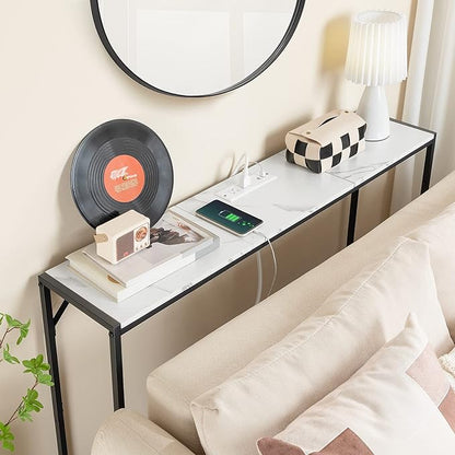 Console Table, Narrow Sofa Table Behind Couch, 43.3” Entrance Table with Power Station, Simple Style, for Living Room, Hallway, Entryway, Foyer, Marble and Black CTHM112E01