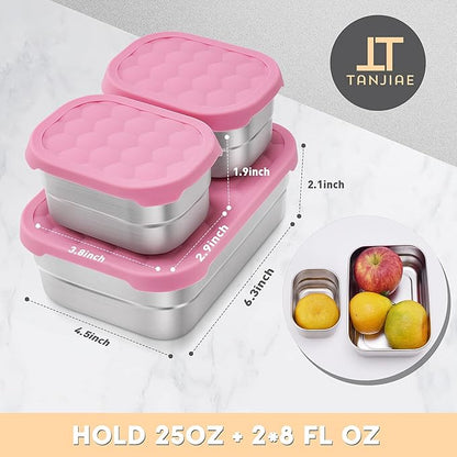 Stainless Steel Lunch Box for Kids | Leak Proof 304 Stainless Steel Snack Containers with Silicone Lids - Perfect Metal Food Containers Set for Kids and Toddlers (25oz+8oz*2)