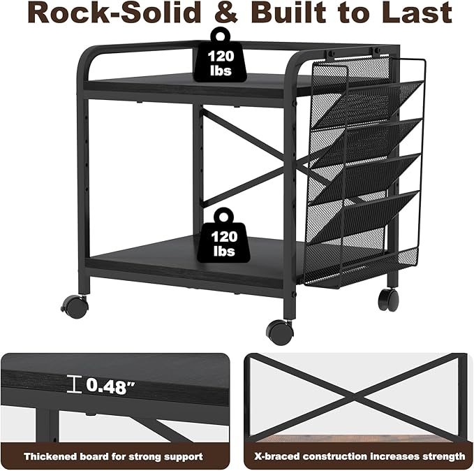 EasyCom Large Printer Stand with File Holder Organizer, Adjustable Height Shelf with Wheels, Rolling Printer Cart with Storage for Printer Scanner Fax Home Office Use Black
