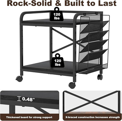 EasyCom Large Printer Stand with File Holder Organizer, Adjustable Height Shelf with Wheels, Rolling Printer Cart with Storage for Printer Scanner Fax Home Office Use Black