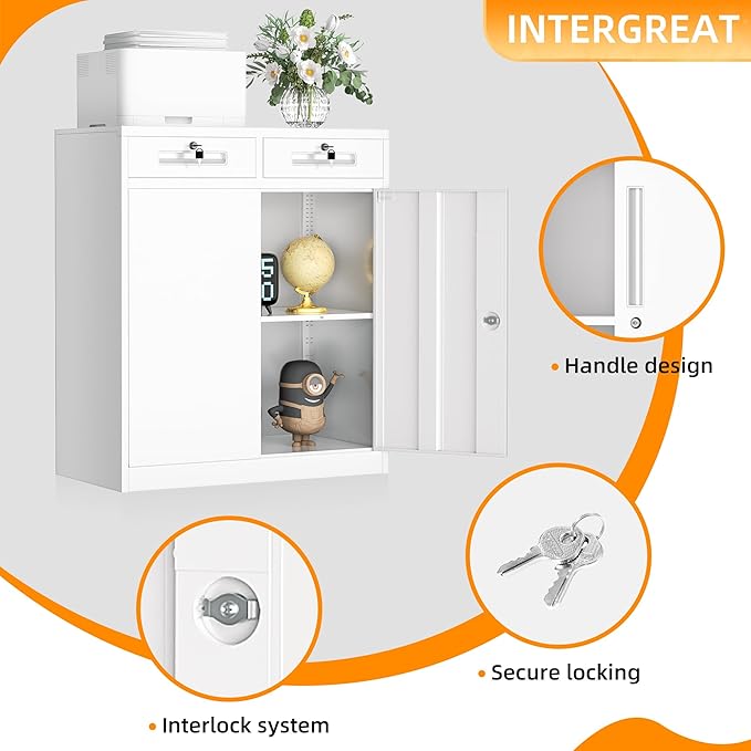INTERGREAT Metal Storage Cabinet with 2 Drawers,36" White Metal Cabinets with Doors and Shelves, Garage Cabinet with Lock for Home Office, Garage, School, Apartment,Warehouse