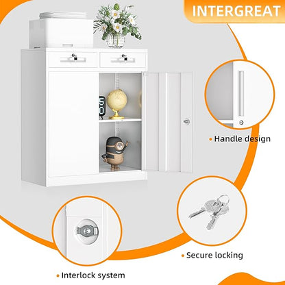 INTERGREAT Metal Storage Cabinet with 2 Drawers,36" White Metal Cabinets with Doors and Shelves, Garage Cabinet with Lock for Home Office, Garage, School, Apartment,Warehouse