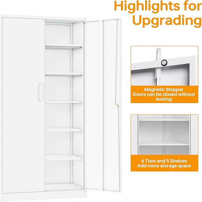 STANI Metal Garage Storage Cabinet with Lock, 71" Steel Lockable File Cabinet, Locking Steel Storage Cabinet with 5 Adjustable Shelves for Home, Office, Warehouse, Garage, School (White)