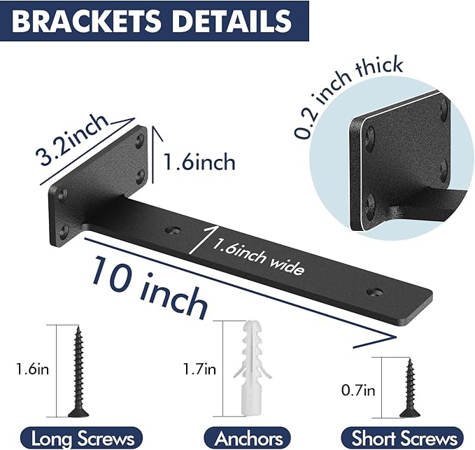 8 Pack Floating Shelf Brackets, 10 Inch Heavy Duty Industrial Shelf Bracket, Black Metal L Brackets for Shelves Support DIY(1/5 Inch Thicked)
