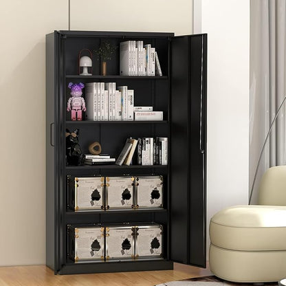 Metal Storage Cabinet-71” Tall Steel File Cabinets with Lockable Doors and Adjustable Shelves-Black Steel Storage Cabinet for Home, School, Office, Garage