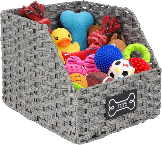 Dog Toy Storage Basket,Rattan Weave Organizer Bin for Dogs Cats,Collapsible Puppy Toys Box with Wire Frame, Easy-Access(Grey)