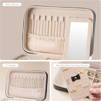 Lolalet Travel Jewelry Case for Women Girls, Travel Jewelry Organizer Box with Mirror & Clear Storage Bag, Small Portable Earring Necklace Bracelet Ring Case, Birthday Valentine Gifts -Medium, Black