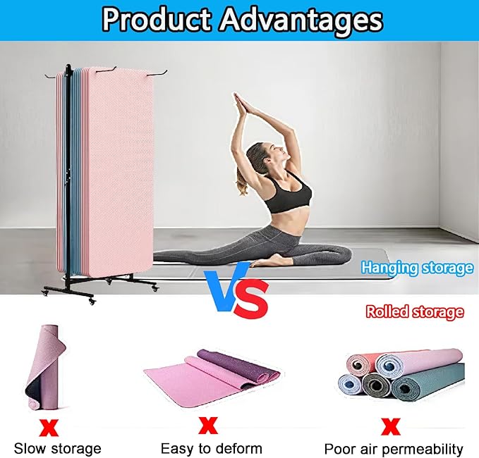 YTLEMON Yoga Mat Holder Hanging, Floor Rolling Yoga Mat cart, Large Capacity Storage Rack, with Includes hole punch, Metal square tube storage shelf for Home Gym, Fitness Club,Yoga Studio (Black)