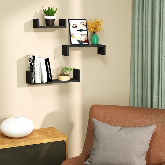 SRIWATANA Floating Shelves Wall Mounted, Solid Wood Wall Shelves, Black