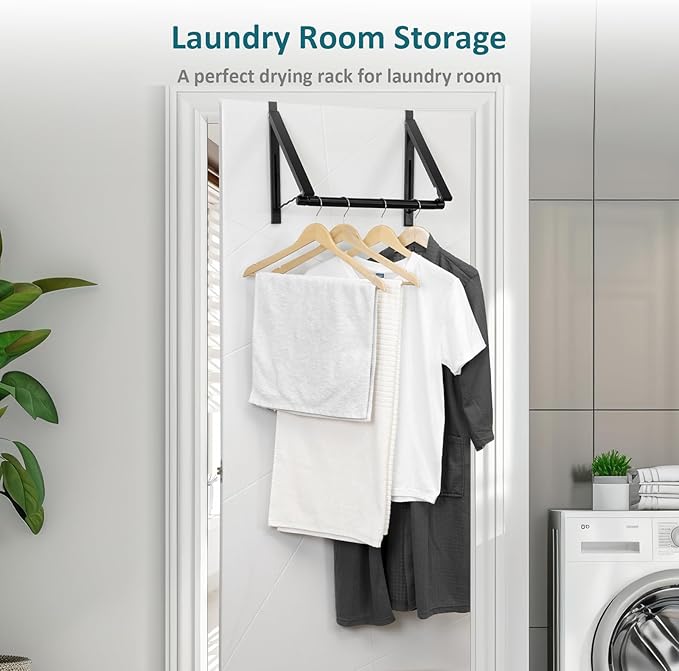 Foldable Over The Door Clothes Hanger, Space Saving Small Clothes Rack Door Hangers for Clothing, 2Pack, Black