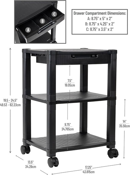 Mind Reader Rolling Printer Cart, Utility Cart, Printer Stand, Desk Storage, Office, 17.25"L x 13.5"W x 24.5"H, 3-Tier, Black