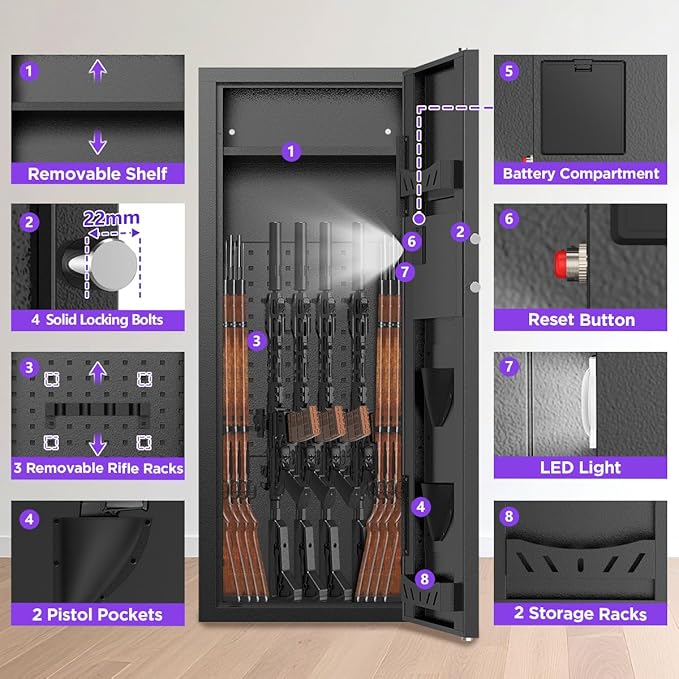 10-15 Gun Rifle Safe for Home Security, Gun Safe for Rifles and Pistols - Quick Access Digital Keypad | Easy Assembly Gun Safe with Adjustable Shelves (Fits Shotguns & Ammo)