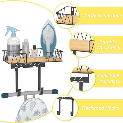Ironing Board Hanger with Removable Hooks, Ironing Board Holder Wall Mounted for T/Y Leg, Space Saving Iron Holder for Laundry Room Storage and Organization, Black