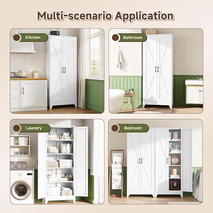 Letaya 75" H Metal Storage Cabinet with 2 Doors and 4 Shelves,Tall Kitchen Pantry Cabinets,Farmhouse Utility Pantry Organizers for Cupboard/Dining/Bathroom/Home Office/Garage,White