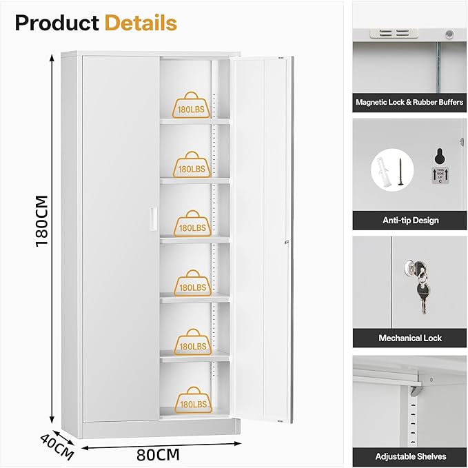 Steel SnapIt Cabinet, 71 Inch Metal Storage Cabinet with Locking Doors and 5 Adjustable Shelves, Garage Cabinet, Tool Cabinets for Office and Home Use (White)