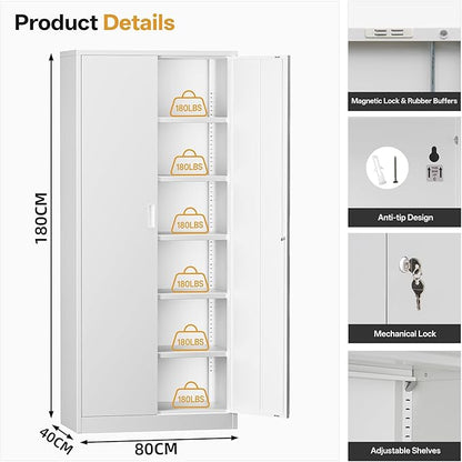 Steel SnapIt Cabinet, 71 Inch Metal Storage Cabinet with Locking Doors and 5 Adjustable Shelves, Garage Cabinet, Tool Cabinets for Office and Home Use (White)