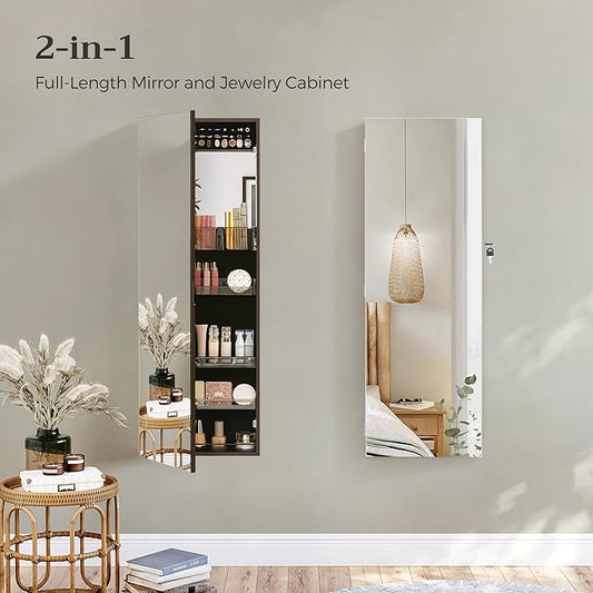 SONGMICS Jewelry Cabinet Armoire, Wall or Door Mount Storage Organizer with Full-Length Frameless Mirror, Lockable Cabinet with Built-in Small Mirror, Shelves, Gift Idea, Brown UJJC003K01