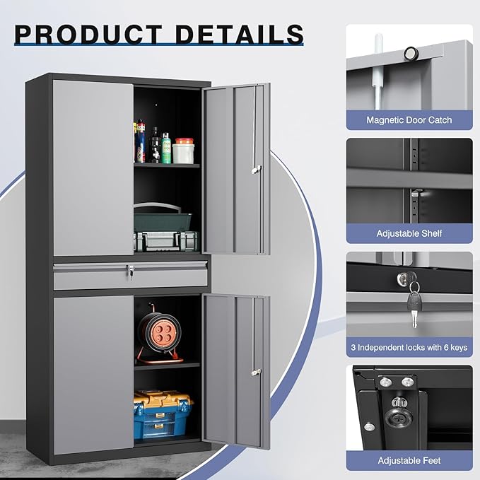 Metal Storage Cabinet with Drawer, Garage Storage Cabinet with Locking Doors and Adjustable Shelves for Garage, Home Office,Warehouse