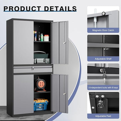 Metal Storage Cabinet with Drawer, Garage Storage Cabinet with Locking Doors and Adjustable Shelves for Garage, Home Office,Warehouse