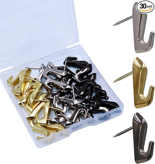 30 PCS Push Pin Picture Hooks, thumbtacks for Wall Hanger, Picture Hanging Nails for Wall, Decorative Thumb Tacks for Hanging, Bulletin Board Hooks (Silver & Gold & Black)