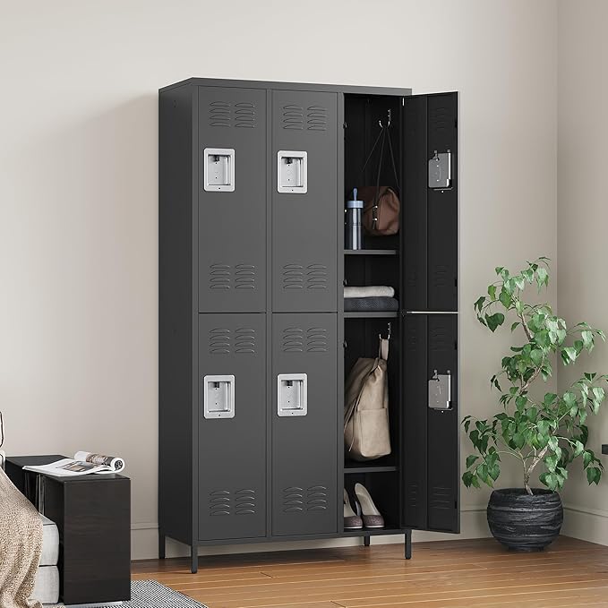 Letaya Metal Lockers for Employees-6 Door Storage Locker with Shelves and Lockable Steel Cabinet for School,Gym,Office,Staff(Black, 6 Door)
