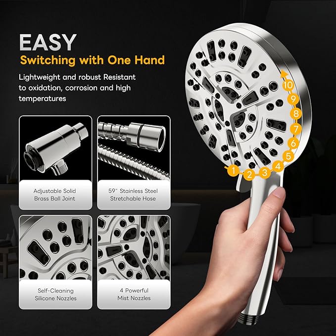 Magnetic Handheld Shower Brushed Nickel,High-Pressure 10-Mode Shower Head with Magnetic Guidance Docking System,Stainless Steel Hose
