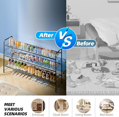 3 Tier Shoe Rack for Closet, 46.5 Inch Extra Long Shoe Storage Organizer for Shelves, Heavy Duty Metal, Easy Assembly, Black
