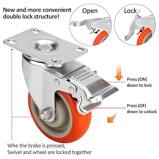 4 Inch Industrial Heavy Duty Swivel Caster Wheels with Brake,Set of 4 Safety Locking Casters,Load 2000lbs,Premium Polyurethane Wheels for Table,Trailer,Saw Table,Stage Toolbox,Bed,Corn Board